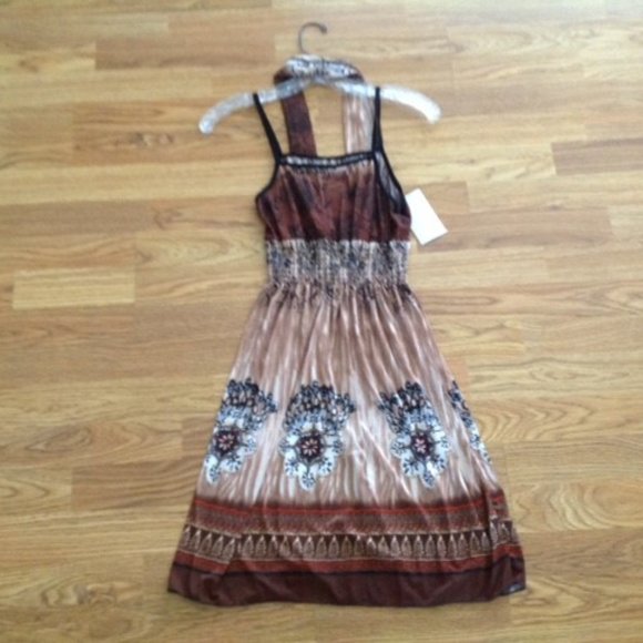 NWT HALTER + STRAPS DRESS SUNDRESS BROWN & TAN M - Picture 3 of 5